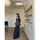 Kumikumi Languized Shoulder-Striped Long-Sleeved Sweater Women's Autumn Free-Lost Thin New Top
