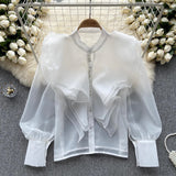 Autumn New Light Luxury Fairy Wind Lotus Leaf Side Long-Sleeved Shirt Female Mesh Design High-End Temperament Blouse
