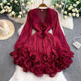 Net Red Niche High-Level Flow Light Tulle V-Neck Dress Female Heavy Industry Ponphysolious Three-Dimensional Lotus Leaf Side Skirt