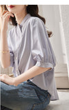 2026 Summer New Five-Sleeve Casual Temperament Striped Shirt Women Short Sleeve Loose Thin Round Collar Shirt