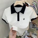 Pure Style Sexy Collar Short-Sleeved T-Shirt Women's Summer Design Splicing Repair Body Slim Short Top Tide