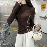 Half-Necked Zip-Up Collar Collar Slimming Bottom Shirt Women Autumn Winter Double Bar Striped Long-Sleeved T-Shirt