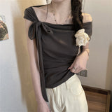 Hottie Style Strapped Slanted Shoulder Short-Sleeved T-Shirt 2026 Summer New Slimmed Temperament Short Niche Blouse Woman