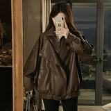 Black Retro Locomotive Collar Pu Leather Coat Female Cool Wind 2025 Spring And Autumn New Leather Jacket Locomotive Top