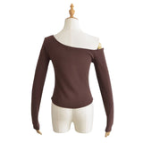 Spice Girls Personality Autumn New Letter Personality Slant Shoulder T-Shirt Collar Short Fashion Long Sleeve Bottom