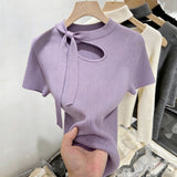 Apricot Design Hollow With Knitted Short-Sleeved Women's Summer New Slimming Ice Silk Knitted Shirt Thin Top