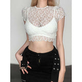 Sexy Babes Perspective Mesh Lace Lace Short-Sleeved T-Shirt Girl Summer New Slim Thin Short-Navel Blouse Tide