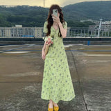 Large-Size Fat Mm Temperament V-Neck Collared Hua Bubble Bubble Sleeve Dress Women's New Summer Collection Waist Thin A Word Long Dress