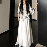 New Chinese Long-Sleeved Linen Shirt Top Women's Summer Thin Loose Lazy Wind V-Neck Shirt Skirt Suit