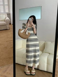 Fang Collar Dress Summer Women 2025 Seaside Holiday Striped Knitted Long Dress French Waist Skirt Temperament Elegant