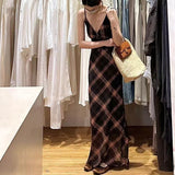 Vintage V-Necked Ling Grid Yarn Sling Dress Women's Summer Seaside Holiday Temperament Wind Bag-Puffed Long Dress