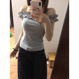Fashion Sexy Hottie Gray Shoulder Short-Sleeved T-Shirt Girl Summer New Out-Shoulder Repair Slim Short Top
