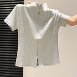 Li-Necked Double Zipper Short-Sleeved T-Shirt Women 2026 Summer New Korean Loose Thin Temperament Commuting Top