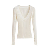 Han Mo Sense Thin V-Neck Knitted Shirt Showing Chest Big Waist Slender Sleeve Old Money Pit High Bullet Repair Body Dress Woman Autumn