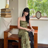 New Chinese Green Mesh Yarn Sling Dress Female Summer Design Temperament Pocketed Fishtail Dress