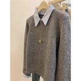 KANING Gray Fake Two-Piece Knitted Jersey Woman 2026 Autumn New Polo Collar Long-Sleeved Sweater Inside