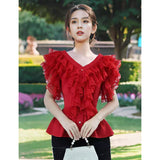 European Small Man Ocean Gas V-Neck Fashion Shirt Women Summer 2025 New Design Feel Red Top
