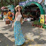 Seaside Holiday Style Suit French Rope Smear Vest Top Woman Summer Blue Floral Half Dress Two Sets