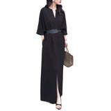 French Elegance Style Solid Color V-Neck Seven-Sleeve Dress Women Autumn With Pocket Open Fork Long Skirt