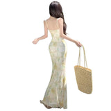 Holiday Style Sexy V-Necked Floral Sling Dress Woman Summer Back-To-Back Repair Bag With Fish Tail Long Skirt