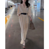 French Elegance Style Solid Color V-Neck Seven-Sleeve Dress Women Autumn With Pocket Open Fork Long Skirt