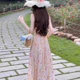 Temperament Sweet Wind Slings Broken Flowers V-Neck Dress Women Summer To Open Shoulders High A-Character Dress