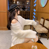 Autumn And Winter New Marinade V Lame V-Neck Loose Soft-Creative Sweet Jacket Sweater Pure Color Lazy Wind Thick Top Woman