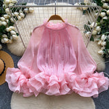 Sweet-Wind Pink Skin-To-Breed Moaf-Side Shirt For Women's Summer Long-Sleeved Pearl Decorated Chick Commuting Top