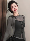 Pure Lust Gray Half-High Collar Bow Lace Lace Women's Clothing Early Autumn Folded Two Sets Of Bottom Tops