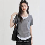 The New Korean Wearing A Casual Short-Sleeved T-Shirt U-Necked Two-Set Set Splicing Design Ribs Women's Summer Top