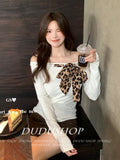 Vintage Pure Babes Leopard-Print Bow Tie With T-Shirt Women's Early Autumn Design Embstaple Shoulder Coat