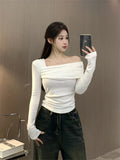 Sexy Hottie Velvet Wrinkled Body Shoulder Bottom Top Girl Spring And Autumn Pure Desire To Play Bottom Long-Sleeved T-Shirt