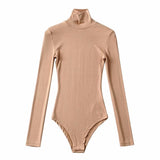 Tight-Tight High-Necked Long-Sleeved-Joined Women With Solid-Color Threaded T-Shirt T-Shirt Tops