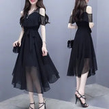Summer Dress 2025 New Black Chiffon Dress Female Waist Thin Temperament Goddess Fan Summer Light Style Dress
