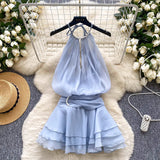 Vietnamese Wrinkled Flowers High-Grade Feeling Small White Skirt Milk White Ponbo Pearl Hanging Neck Skirt Temperament Goddess