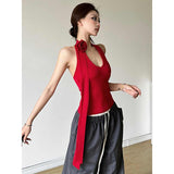 Fashion Magenta Red Sexy Hottie Hanging Neck Sleeveless Vest Women Autumn And Winter New Repair In A Niche Top