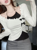 2026 Gray Design-Sensitive Bow T-Shirt Long-Sleeved Women Irregularly Open Shoulder Short Tops In The Spring And Autumn