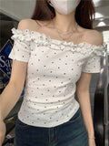 Sexy Pure Desire A Word Shoulder Collared Ears In The Ear Of The Wave Point Short-Sleeved T-Shirt Girl Summer Hottie Cut-Down Top Girl T