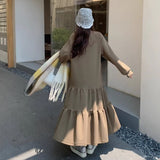 2026 Spring Literature And Art Loose Large-Size Women's Round-Neck Long-Sleeved Lotus Leaf Dress Over Knee Fishtail Dress
