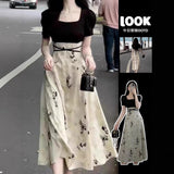 Hao Ben Style Printed Dress Women's Summer Design Sense To Receive Waist Dress Elegant High-End A-Word Skirt