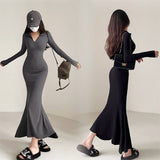 Hottie Pure Style French Sister Fishtail Dress Women Autumn Slim Bag Slacken Style Dress