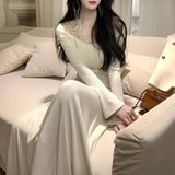 [Snow] Gentle Atmosphere Feel Lace V-Neck Knitted Dress Women Autumn Waist Thin A Long Dress