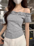 Sexy Pure Desire A Word Shoulder Collared Ears In The Ear Of The Wave Point Short-Sleeved T-Shirt Girl Summer Hottie Cut-Down Top Girl T