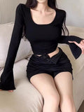 Ins Sexy Babes U Collar Bottomed Long-Sleeved T-Shirt Girl Spring And Autumn Korean Version Of Long-Sleeved T-Shirt Women's Top