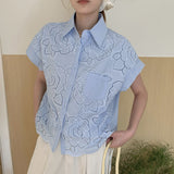 Embroidery Flowers Hollow Shirt Women's Short Sleeves 2026 Summer New Korean Version Of Thin Loose Collar Top