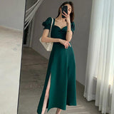 Dress Dress Women's Dress 2025 Summer New Bubble Sleeves Lead Hepburn Style French Sweet Retro A Fork Skirt