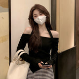2026 Word Shoulder Hanging Neck Long-Sleeved T-Shirt Woman Autumn New Hot Girl With A Short Bottom Shirt Top