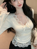 Purely Sexual Lace Lace V-Neck 2026 Women's Autumn And Winter Bottoming Shirt Slime Waist Thin Inside T-Shirt Top