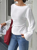 Sexy Ins Boat Tie With Horn Sleeve T-Shirt For Girls Spring And Autumn Waists Long Sleeves Bottom Women's Top