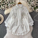 Ocean Gas Age Reduction Shirt Female French Heavy Industry Shiny Embroidery Diamond Set High-End Lantern Sleeve Thin Top Tide